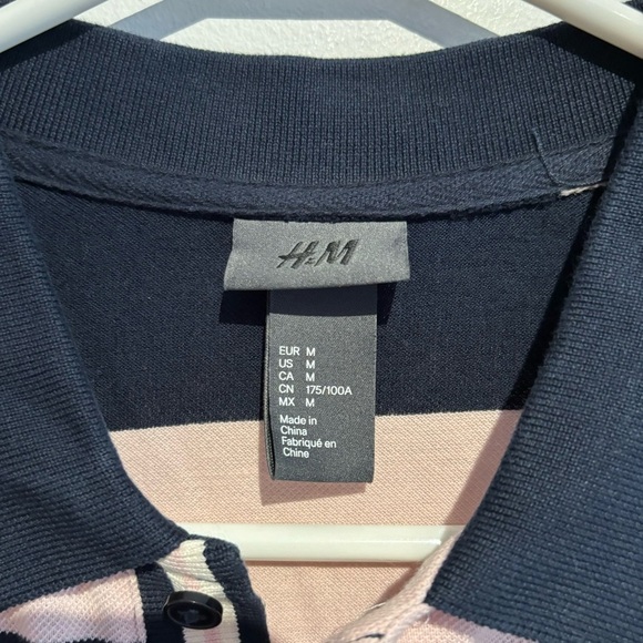 H&M Men’s Polo Shirt Medium – Pink & Navy Blue Striped Short Sleeve Rugby Style - Picture 3 of 8
